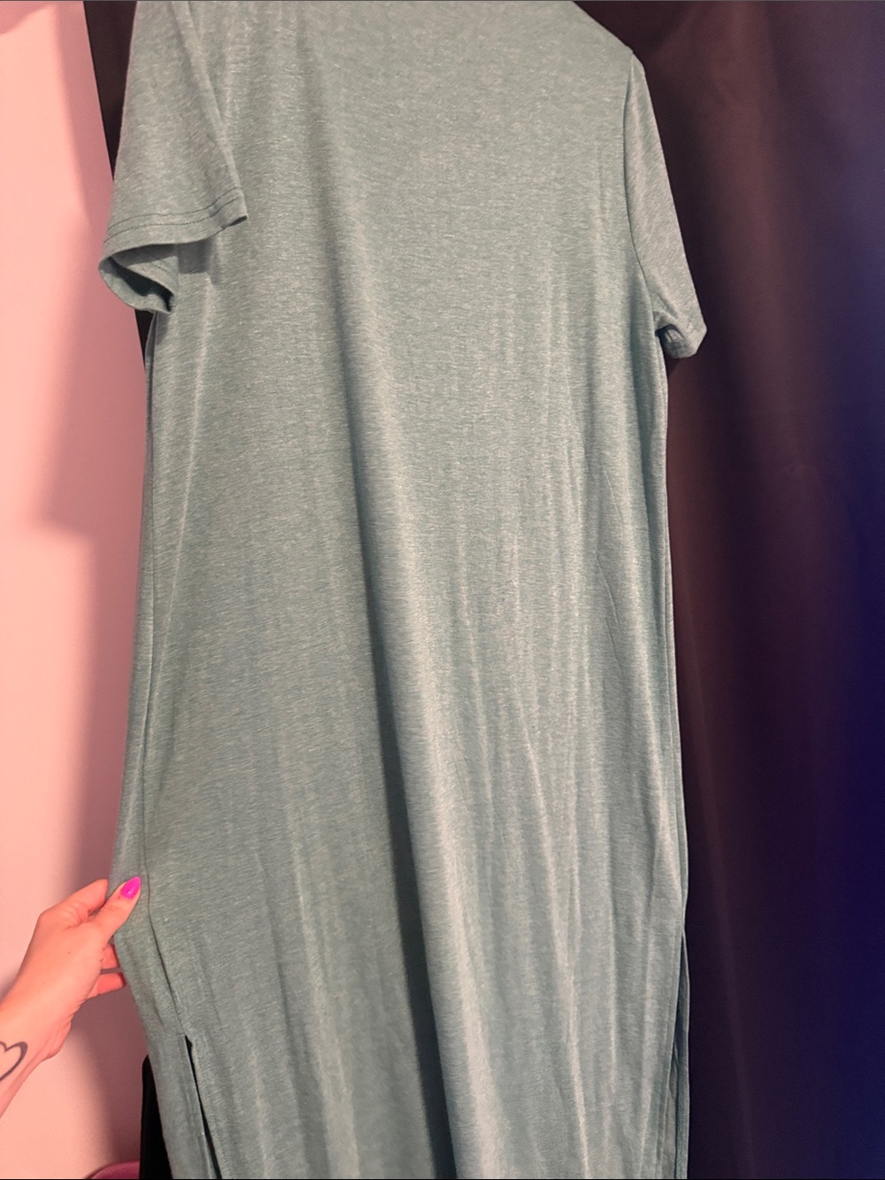 Women's V-Neck Short Sleeve T-Shirt Dress- Green - Picture 5 of 6